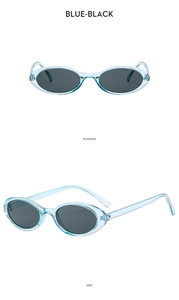 Detailed views of vintage oval sunglasses with light blue transparent frames and dark lenses