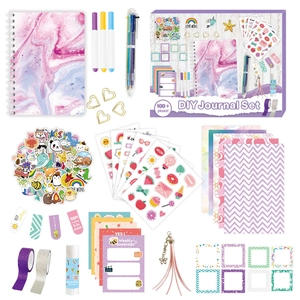 DIY Journal Set with pink marble notebook and 100 pieces of purple stationery accessories