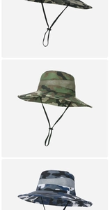 Close-up of camouflage sun hat featuring breathable mesh panel and adjustable chin strap