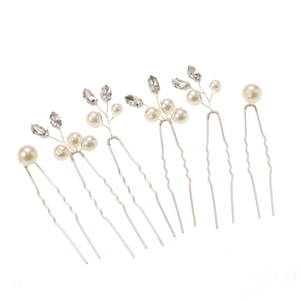 Set of 6 bridal hair pins with marquise pearls and crystal rhinestones in silver finish