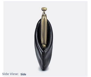 Side view of black genuine leather clutch with vintage brass kiss-lock closure frame
