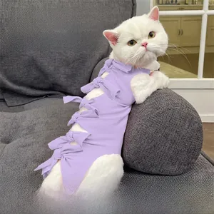 Detail of light purple breathable recovery suit for cats with adjustable back straps