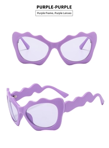 Detail of purple wave frame sunglasses with purple lenses showing front and side view