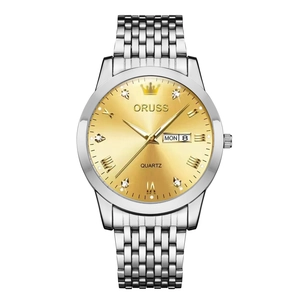 Men's business quartz watch with gold dial, silver steel strap, and calendar display