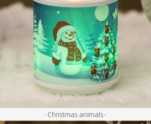 Detail of Christmas LED candle lamp with cyan projection of snowman and pine tree in snow