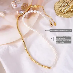 18K gold plated titanium chain necklace with freshwater pearls and shell decor