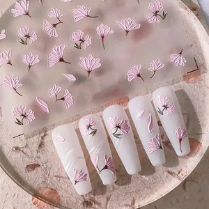 5D Embossed Nail Art Stickers Pink Floral Flower Patterns Self Adhesive 3D Relief Manicure Decoration PET Stickers