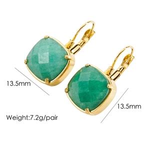 Detailed macro view of square green natural stone earrings with 14K gold-plated lever-back hooks