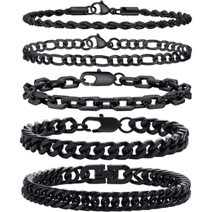 Set of 5 black stainless steel bracelets featuring Cuban, rope, and box chain styles