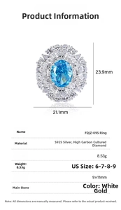 Detailed size specifications for S925 sterling silver ring with oval blue gemstone