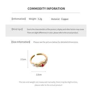 Detailed size chart showing 18K gold plated floral ring with 3.2g weight and 2.5cm width