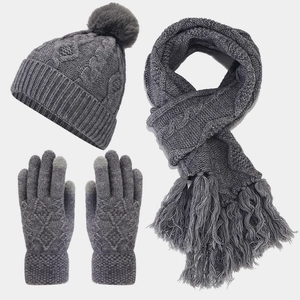 Winter Beanie Scarf And Touchscreen Gloves Knit Acrylic Cable Fleece Lined Faux Fur Pom Pom Tassels Warm Outdoor Women