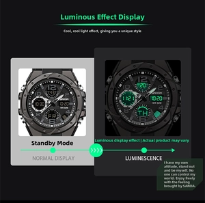 Dettaglio dell'orologio digitale a doppio display con retroilluminazione verde e resistenza WR 50M