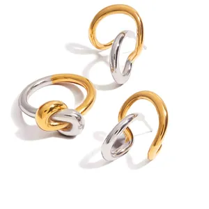 18K Gold Plated Stainless Steel Stud Earrings And Ring Set Two Tone Interlocking Knot Minimalist Jewelry For Women
