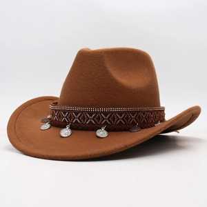 Detail of brown felt cowboy hat with ethnic woven band and silver coin pendants