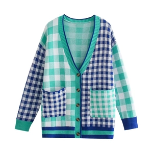 Women Checkerboard Plaid Cardigan Sweater V Neck Long Sleeve Color Block Polyester Knit Loose Outwear With Pockets