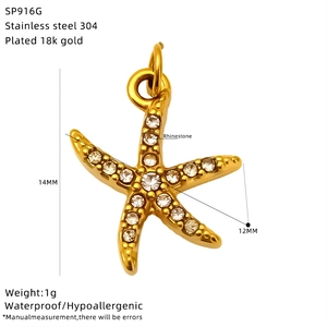 Macro view of 18k gold plated starfish pendant with rhinestone measurements 14mm x 12mm