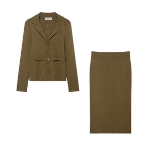 Ensemble Tricoté Pour Femmes Couleur Unie Cardigan À Manches Longues Avec Ceinture Et Jupe Décontracté Streetwear Coupe Slim Top And Bottom