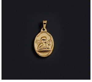 Detailed view of an 18K gold plated oval pendant featuring an embossed angel motif