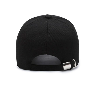 Rear view of black cotton baseball cap with adjustable silver metal buckle and embroidery