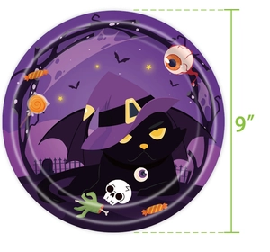 9-inch Halloween party paper plate with cartoon black cat and purple theme design