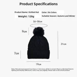 Detailed size chart for black winter knit beanie with pompom showing dimensions and 128g weight