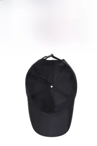 Detail view of the black baseball cap showing the inner structure and adjustable strap