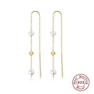 Minimalist S925 sterling silver gold long tassel earrings with white pearls