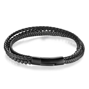 Multilayer black leather braid and matte beads bracelet with magnetic clasp