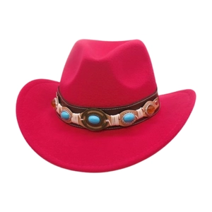 Elegant rose red felt cowboy hat featuring turquoise gemstone leather band ornament