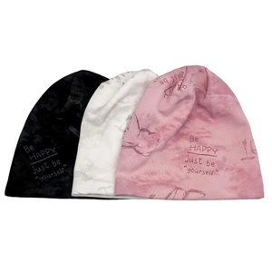 Three knitted beanie hats in black, white, and pink with Be Happy butterfly slogan print