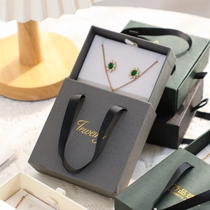 Drawer jewelry box set with satin handles, including necklace and earring gift packaging