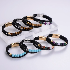 Pulsera de hombre de cuero trenzado de doble capa con cuentas de ojo de tigre y cierre imán