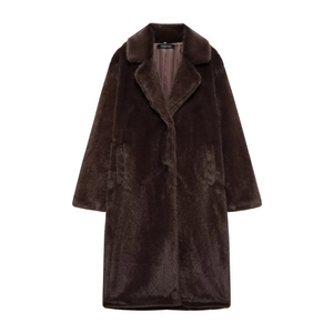 Detailed close-up of dark brown faux fur coat fabric texture and lapel design