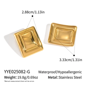 Detail view of 18K gold plated stainless steel square earrings showing size and waterproof info