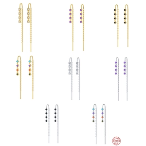 925 Sterling Silver Threader Earrings With Colorful Zirconia Star Moon Tassel Long Chain For Women Elegant Style