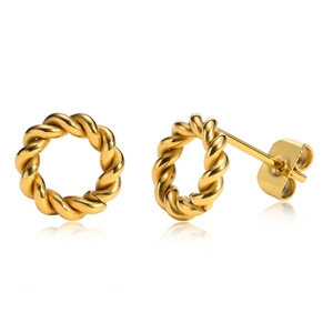 Minimalist golden twisted rope hoop earrings in polished titanium steel for women