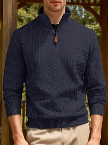 Detail of navy blue quarter-zip pullover showing geometric knit texture and leather puller