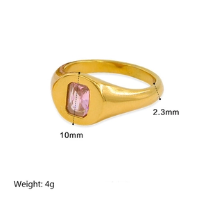 Gold stainless steel ring with square pink zircon gemstone, 10mm height product view