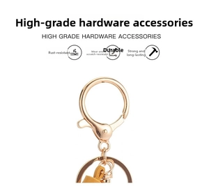 Close-up of durable golden metal keychain with lobster clasp and yellow leather detail