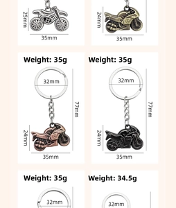 Detailed view of vintage metal motorcycle keychains in silver, bronze and black finishes
