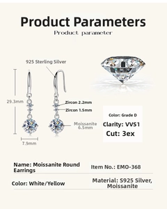 Detail view of S925 silver moissanite drop earrings with three-stone vertical setting