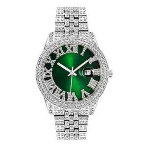 Luxury green dial men's quartz watch with full iced-out crystals and Roman numerals