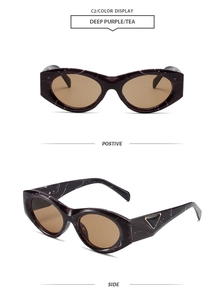 Detail of retro oval sunglasses featuring deep purple marble frame and metal triangle