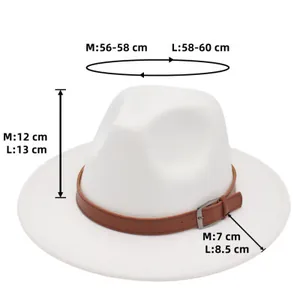 Size chart showing M and L dimensions for the white wool fedora hat with a leather belt