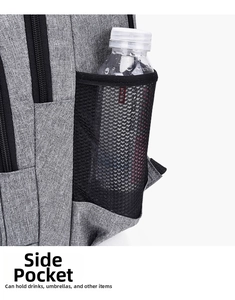 Detail of grey business backpack showing side mesh pocket holding a water bottle