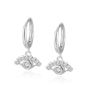 S925 silver hoop earrings with evil eye pendant and sparkling white zircon stones