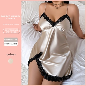 Plus Size Women Satin Nightgown Lace Trim V-Neck Backless Camisole Sleepwear Satiny Loungewear