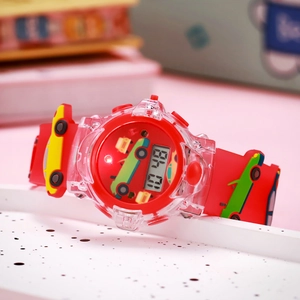 Detail view of red transparent digital kids watch with car patterns and glowing backlight