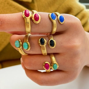 18K Gold Plated Stainless Steel Open Ring For Women Double Natural Stone Inlaid Spiral Ribbed Texture Retro Jewelry